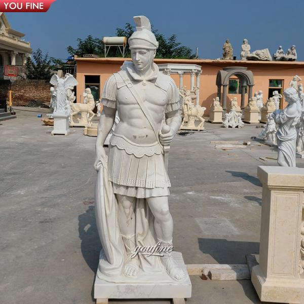 Outdoor Garden Ancient Marble Roman Statues Full Size Soldier Sculpture with Shield