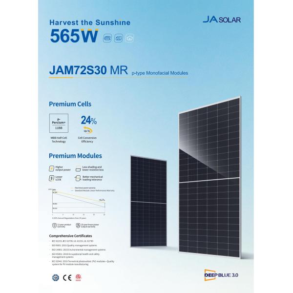 182mmx182mm Cell Size Monocrystalline Silicon Solar Module 540W-565W for Solar System