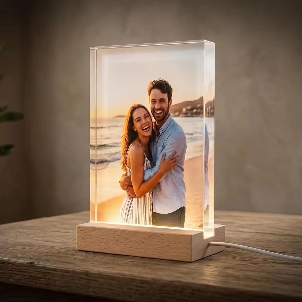 Decorative Wooden Acrylic Stand With LED Light Up Base For High Definition Photo Display