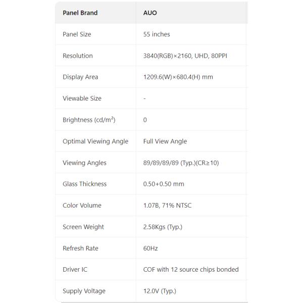 Big Size AUO LCD Panel 55 Inch A Grade T500HVN08.5 Screen Open Cell Spare Part TV Display Panel