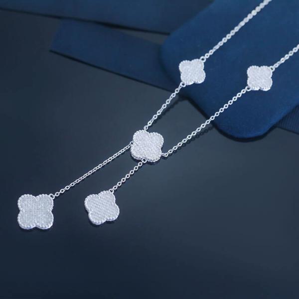 Polished Sterling Silver Four Leaf Clover Necklace 925 CZ Necklace