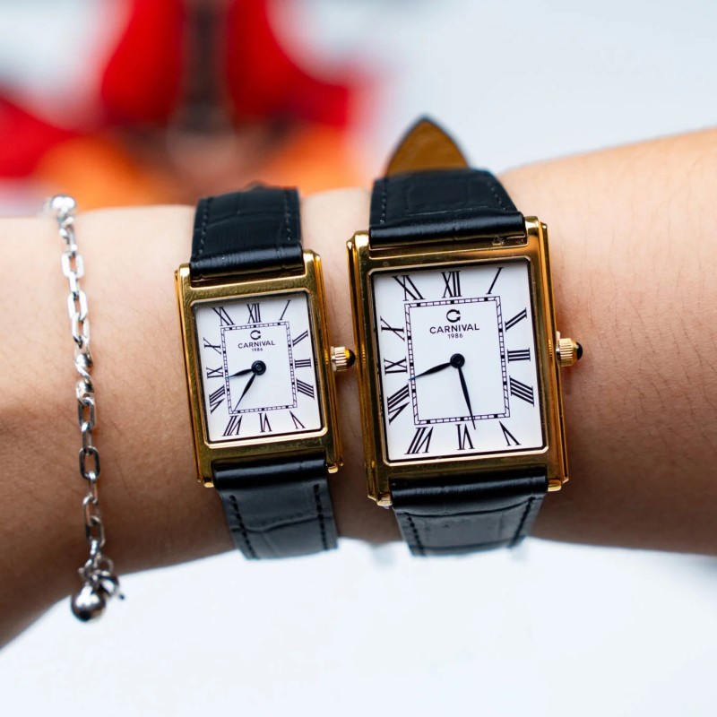 Vintage Square Dial Couple Quartz Watch Set Genuine Leather Strap His Hers Matching Dress Wristwatch