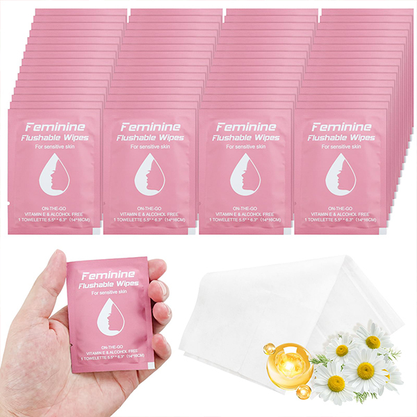 China wipes factory 100% Plant fiber Chamomile Flushable Feminine Wipes