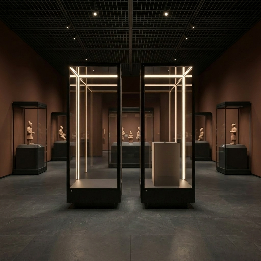 Glass Panel Metal Frame Freestanding Display Cabinet Museum Display Cabinet With LED Lamp