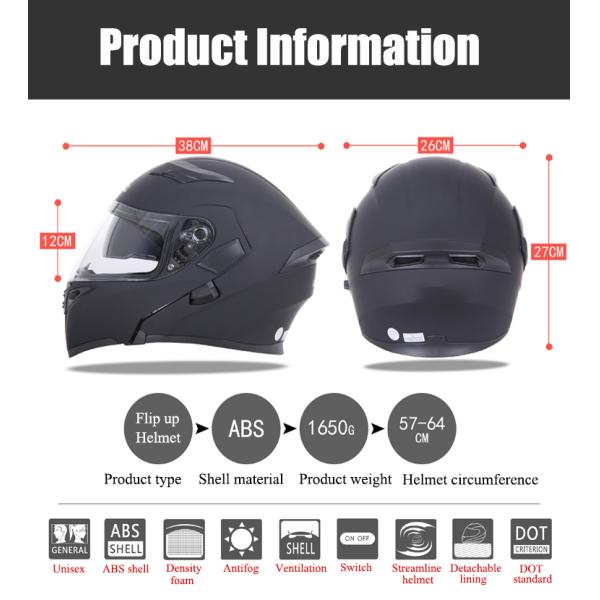 Motorcycle Dual Visor Flip up Modular Full Face Helmet DOT 6 Colors XL GLOSS BLACK