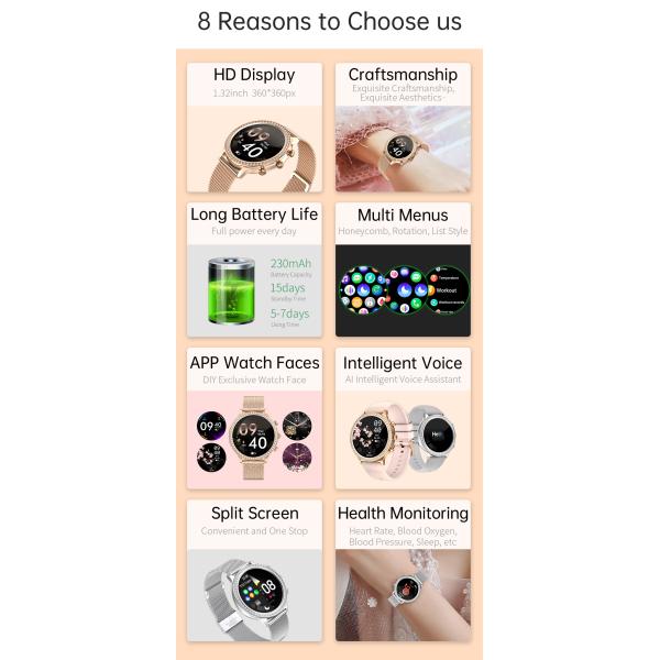 Montres intelligentes pour les femmes composer les appels, 1,32' 'Diamond Smartwatch Fitness Tracker