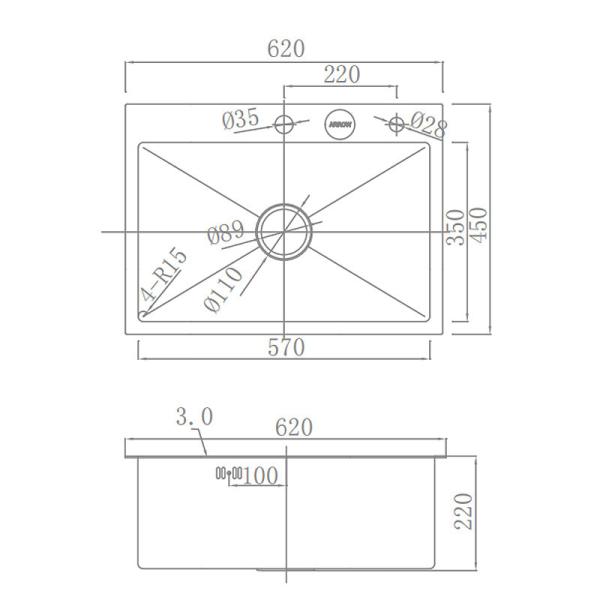 Кухонная раковина нержавеющей стали СТРЕЛКИ, кухонная раковина Undermount шара 600x430mm одиночная