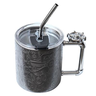 Copo de café de parede dupla preto de 14 oz estilo steampunk de aço inoxidável com alça