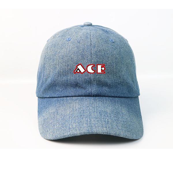 ACE Wash blue denim  Customized curve brim  silk printed logo baseball Hats Caps