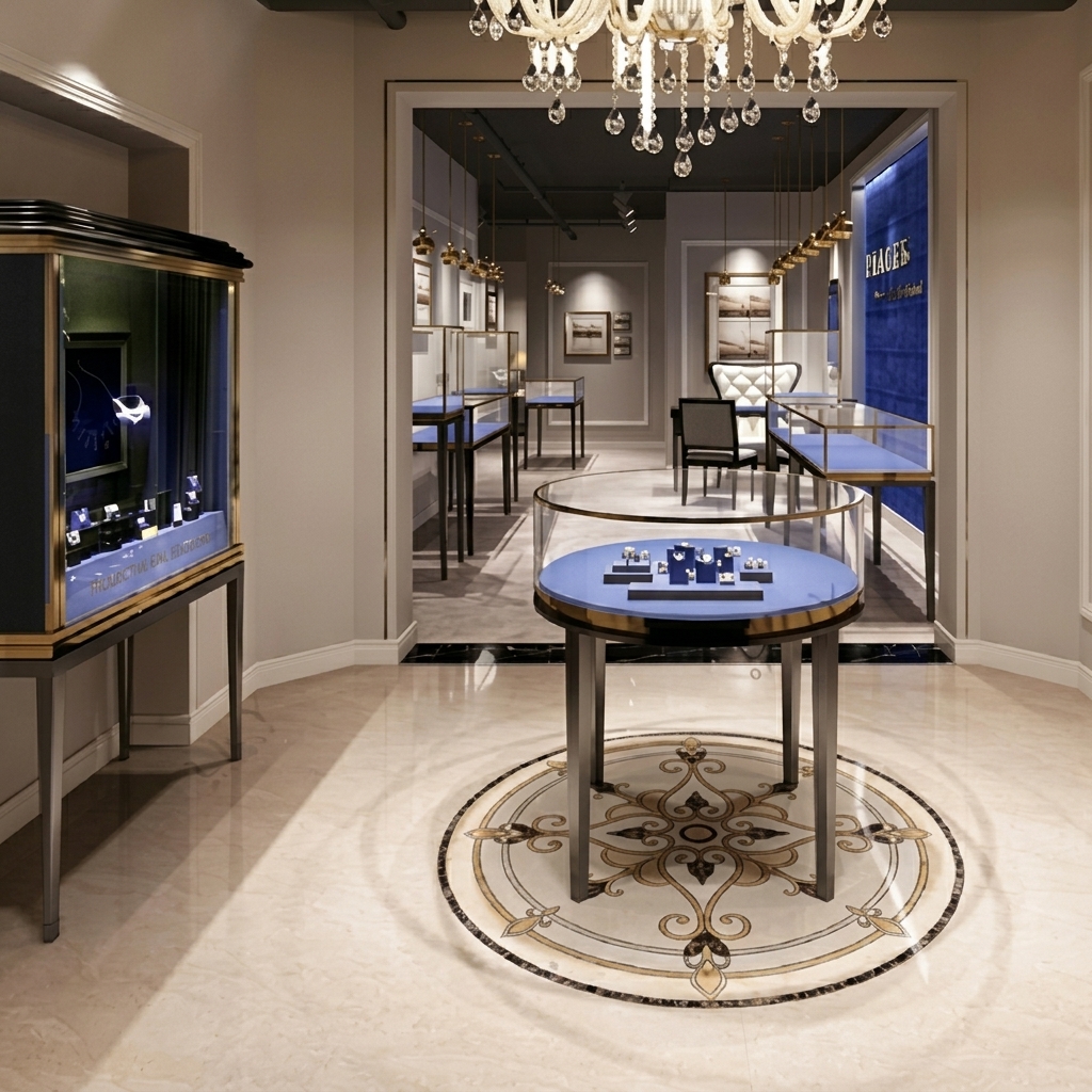 Blue Velvet Jewelry Display Stand; Curved Glass Tall Jewelry and Watch Display Case; Luxury Retail Store Display Cabinet