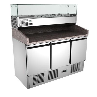 Équipement de cuisine commerciale Réfrigérateur 3 portes en acier inoxydable 201/304 Table de préparation Réfrigérateur Comptoir à pizza Refroidisseur