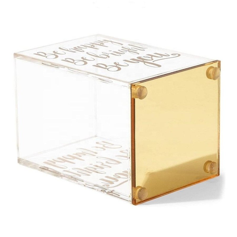 Customized Plastic Transparent square Pen Holder with Gold Mirrored Base and Gold logo Suitable for Home Office Use