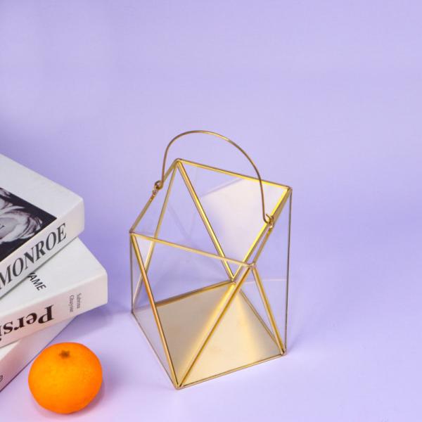 Golden copper triangle handle glass artifact lamp fruit greenhouse cover copper box gift package OEM logo words picture