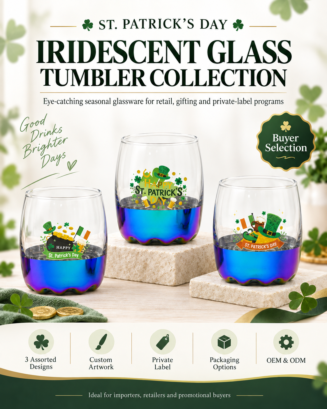 St. Patrick’s Day Iridescent Stemless Glass Collection