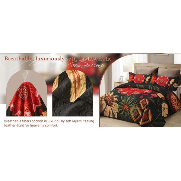 Farmhouse Reversible Lightweight Bedspread Coverlet,Mid Century Microfiber Bedding Quilts Set