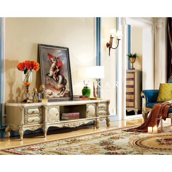 Antique Luxury Marble Top Wooden  Tv Stand Cabinet With Drawer