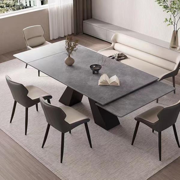 Top Retractable Extendable Long Dining Table Metal Feet Imported Ceramic Sintered Stone Home Furniture Foshan