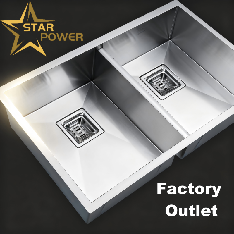 STAR POWER Brushed 304 Stainless Steel Handmade Kitchen Sink with Double-Bowl Design and Pull-Out Faucet
