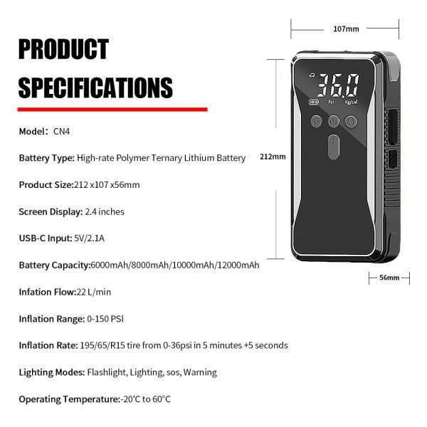 Portable Intelligent Tyre Pump 3-140 Psi Electric Tire Inflator Electric Bikes Motorcycles Automobile 2 In 1 portable car jump starter emergency car starter pack