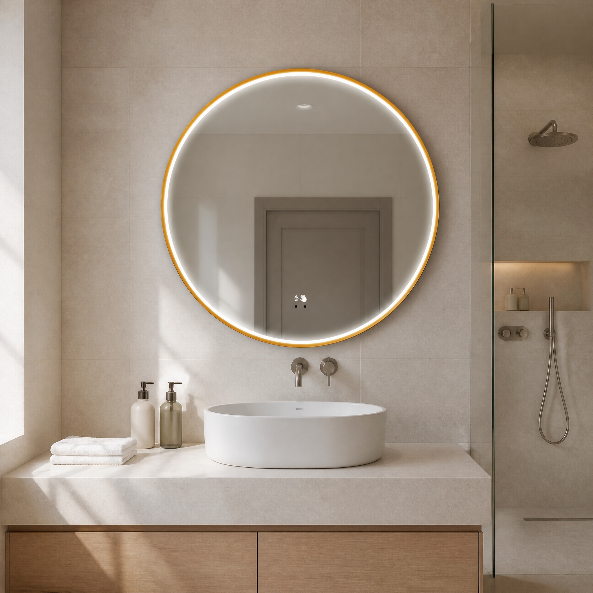 Round Aluminum Frame LED Bathroom Mirror With Touch Control and Adjustable Color Temperature