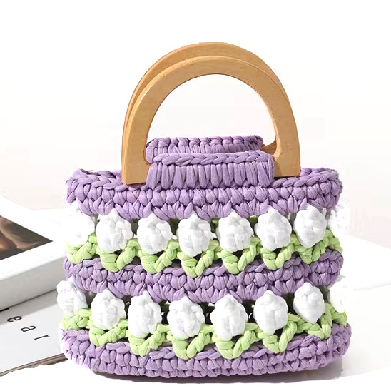 Wooden Handle Crochet Hand Bag Hand Woven Tulip Flower 16cm×15cm×6cm