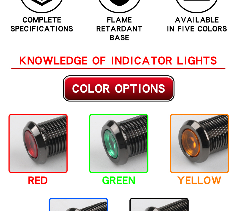 8MM Metal Indicator Light, LED Strip Light With Waterproof Function Oxidized Black Shell, Red Green Yellow Blue White 6V12V24V
