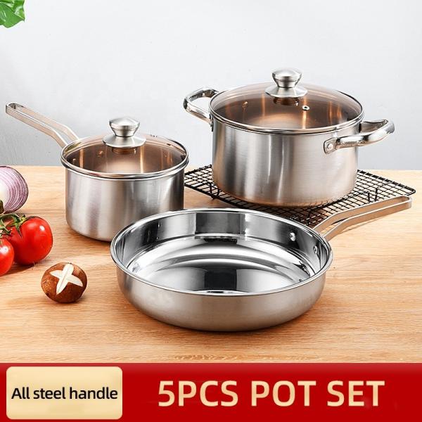 Amazon TOP Seller 5 PCS Silver Cooking Pot Set Sauce Pan Stainless Steel Frying Pan Sets For Kitchen