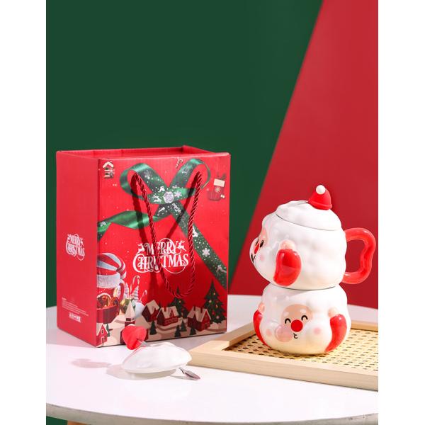Christmas Occasion Coffee Mugs Custom Santa Cartoon Ceramic Mug with Lid Spoon Gift Set