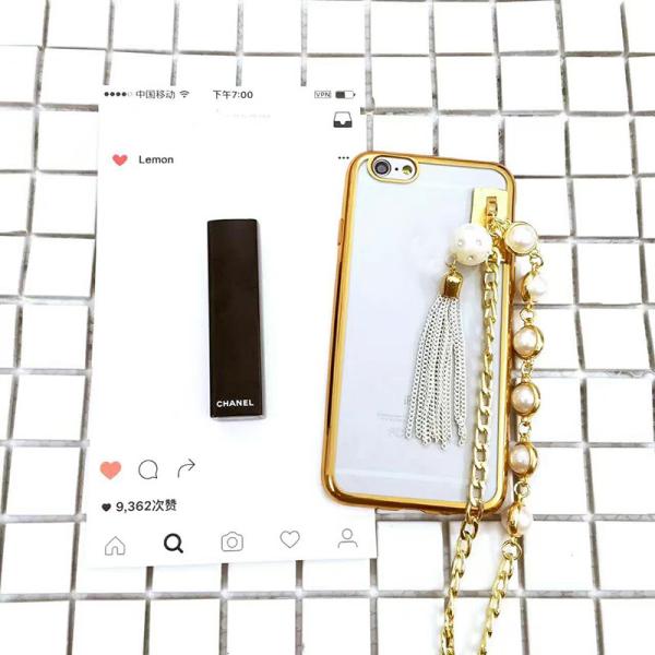 Soft Plating TPU Korea Style Luxurious Pearls Tassel Metal Lanyard  Cell Phone Case Back Cover For iPhone 7 Plus 6s