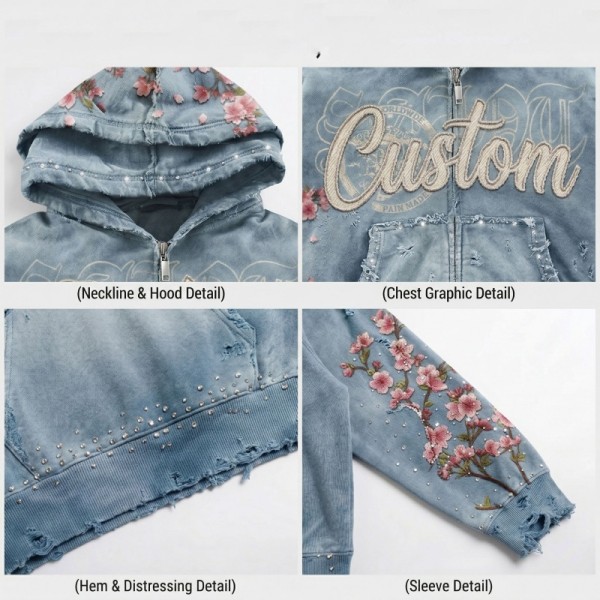 OEM Oversized Washed Floral Embroidery Mens Zip Up Hoodie Maker