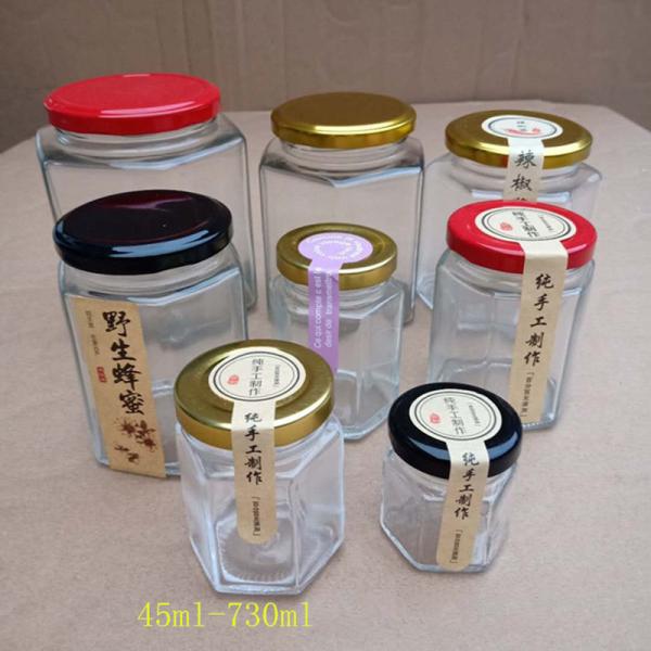 Garrafa selada sem chumbo de vidro sextavada do recipiente de alimento de Honey Jars 45ml-730ml