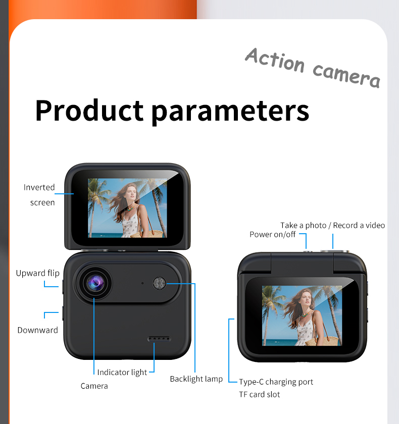 DLC Action Camera First Person POV 1080P Video Reversible Display 1/4 Screw Mount Anti Vibration Sports Cam for Live Streaming