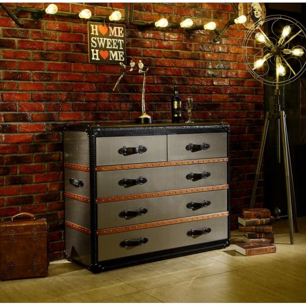 Mirror Steel Vintage Leather Steamer Trunk 5 Drawers Black Genuine Leather Handle Wooden Bar