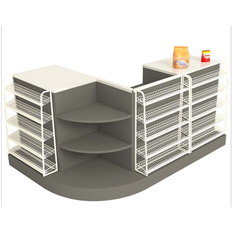 Retail Shops Metal Cashier Counter Table with Wire Promotion Rack and Suggested Picture