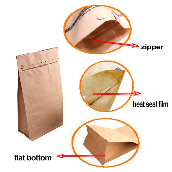 OEM Kraft Paper Side Gusset Bag , Waterproof Heat Seal Food Bags Flat Bottom