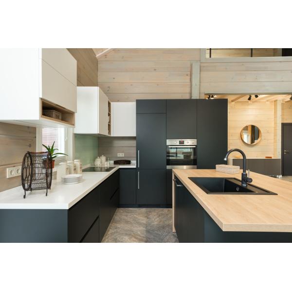 Lacquer Finished Kitchen Cabinet with Acrylic Door Panel and Quartz Stone Countertop