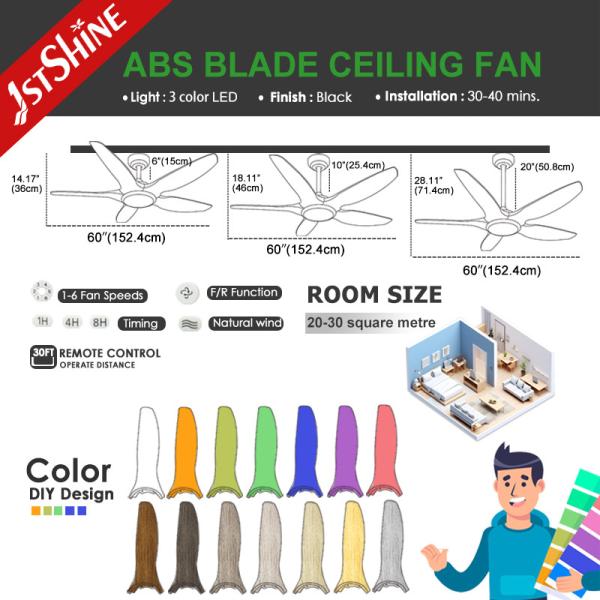 Ventilador de teto moderno preto com luz LED 5 ABS