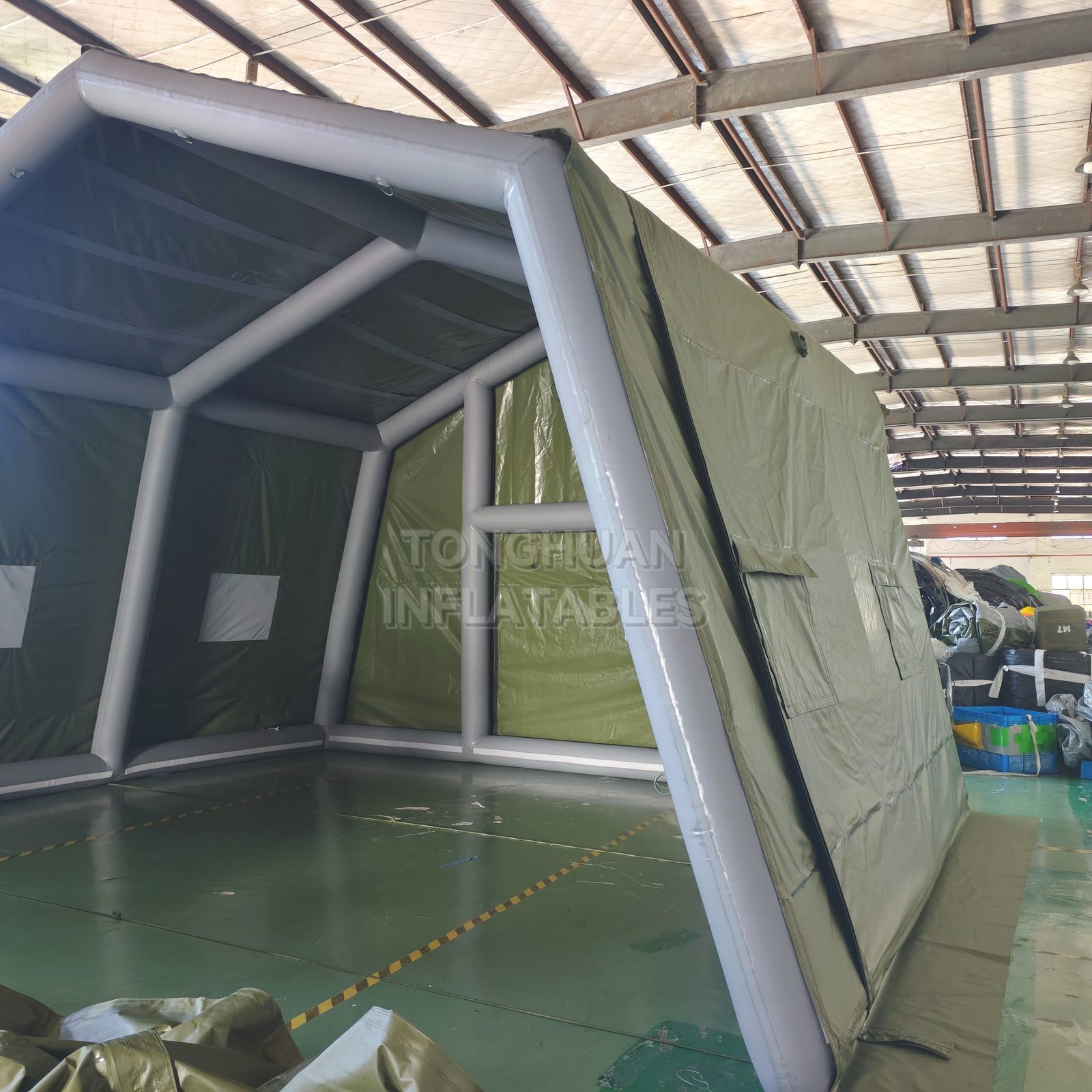 Commercial Olive Green Inflatable PVC Tent with Reinforced Air Frame Roll Up Door and Ventilation Windows for Emergency Camps Field Operations