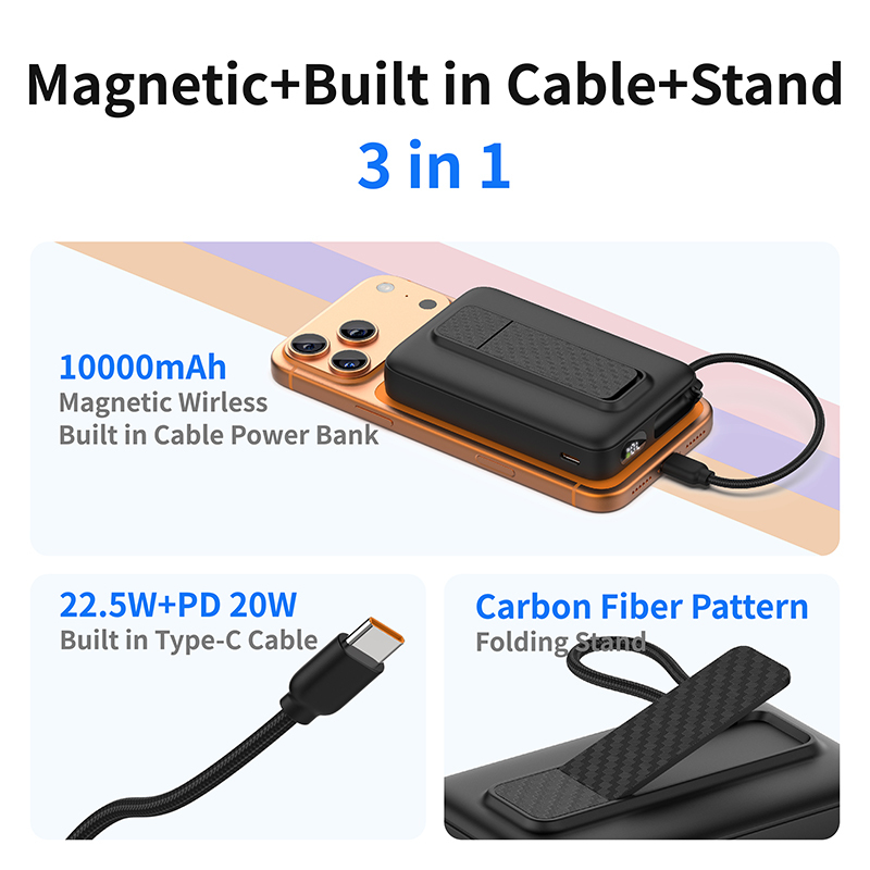 Magnetic Wireless 10000mAh Power Bank with Foldable Kickstand and LED Display Providing Safe Fast Charging for Smartphones