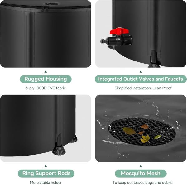 Collapsible Rain Barrel Water Storage Containers-53 Gallon Portable Rainwater Collect System Water Tank To Collect Rainwater From Gutter Downspout Water Catcher With Spigots,Filter＆Overflow Kits