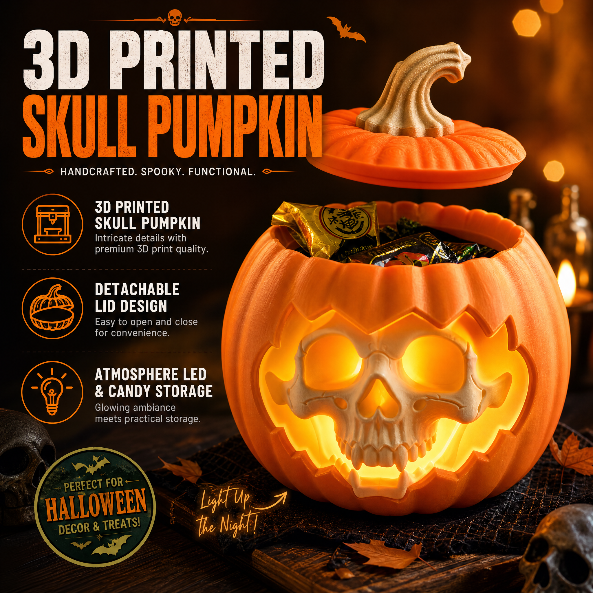 Halloween Skull Pumpkin Ornament, Multicolor LED Light 3D Printed Holiday Decoration
