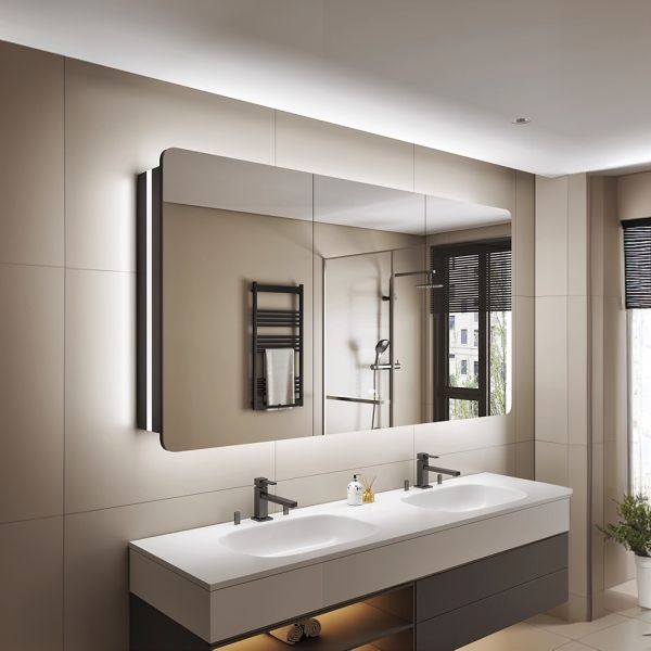 Custom Modern 2-Door LED Bathroom Lights Anti-Fog Feature Water Resistant Mirror Medicine Cabinet for Hotels Villas Apartments
