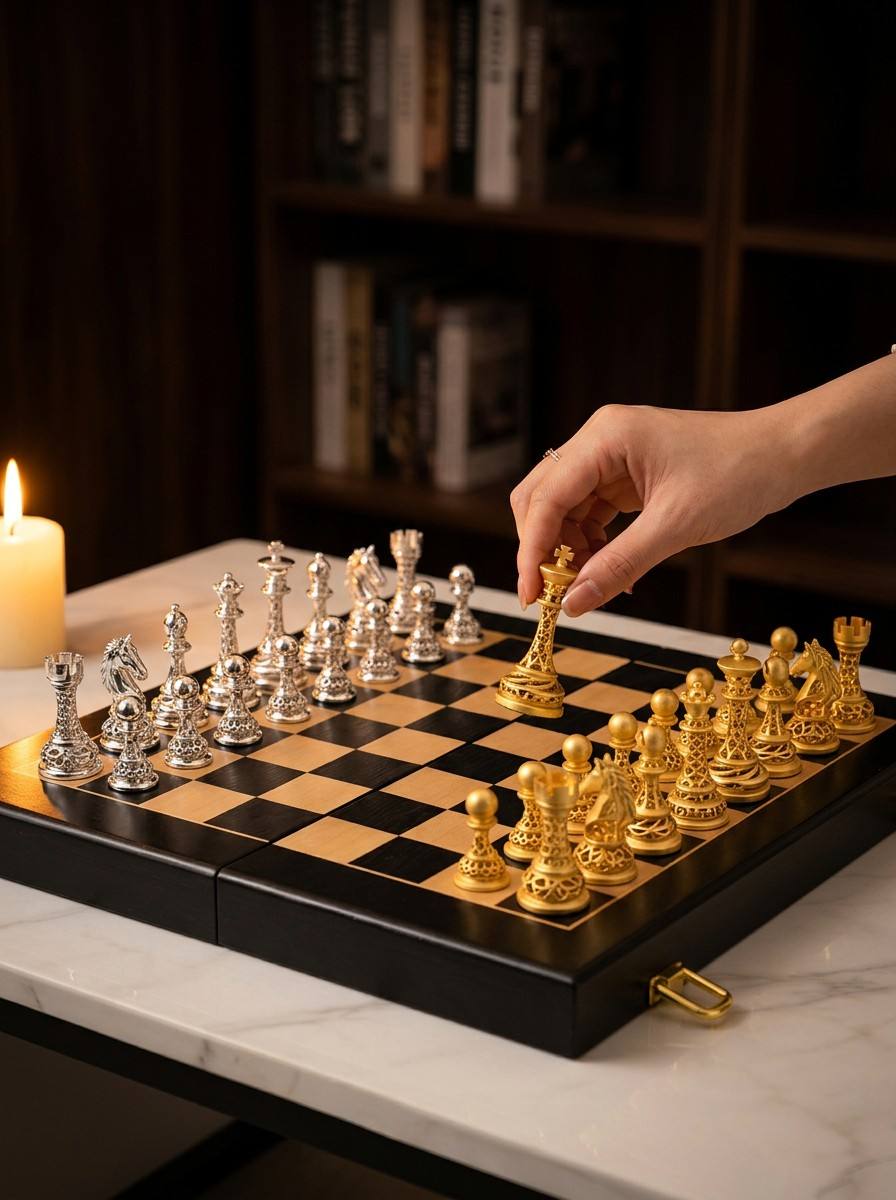 Hollow Carved Brass Material Mirror Polished Chess Set Luxury Chessboard for Home Decor