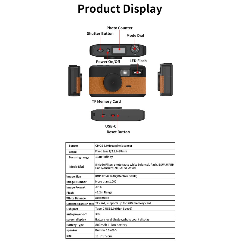 Retro Film-Style Screenless CMOS Digital Camera Support Custom Filters Via Website Mirrorless Camera with LED Compact Cameras