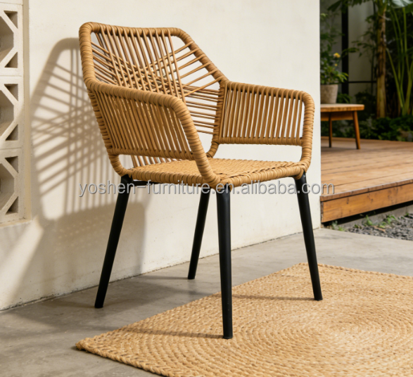 Yoshen Stackable Outdoor Hand Woven Rattan Chair Black Frame for Patio Cafe Commercial Use