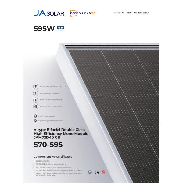 JAM72D40 GB 570-595w N-Type Double Glass Bifacial Solar Panel Cell Type Mono-Crystalline