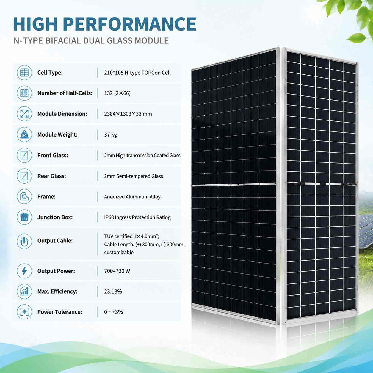 700-720W N-Type TOPCon Bifacial Double Glass Solar Panel 23.18% Efficiency 132 Half Cell