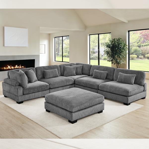 Sectional Modular Sofa, Gray Corduroy Fabric