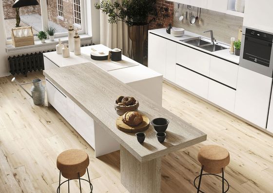 Polar White & Natural Oak French Minimalist Stainless Steel Kitchen