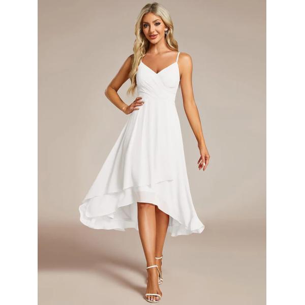 Sexy V-neck Spaghetti Strap Empire A-line High-low Burgundy Chiffon Wedding Guest Dress Midi Evening Dress 